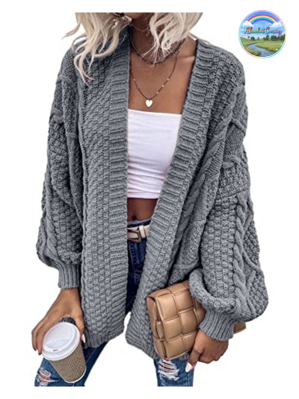Oversized Cable Knit Lantern Sleeve Cardigan Sweater